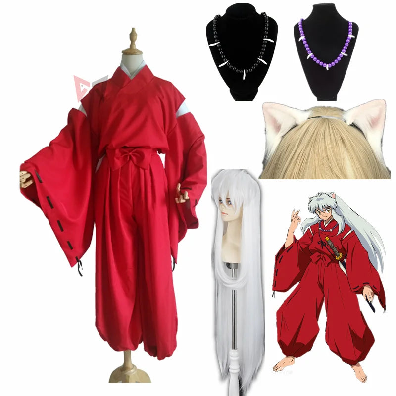 Anime Inuyasha Cosplay Costume Carnival Halloween Arthur Curry Fancy Red Kimono Ears Headwear Wig Necklace Custom Made