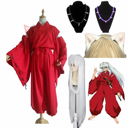 Anime Inuyasha Cosplay Costume Carnival Halloween Arthur Curry Fancy Red Kimono Ears Headwear Wig Necklace Custom Made