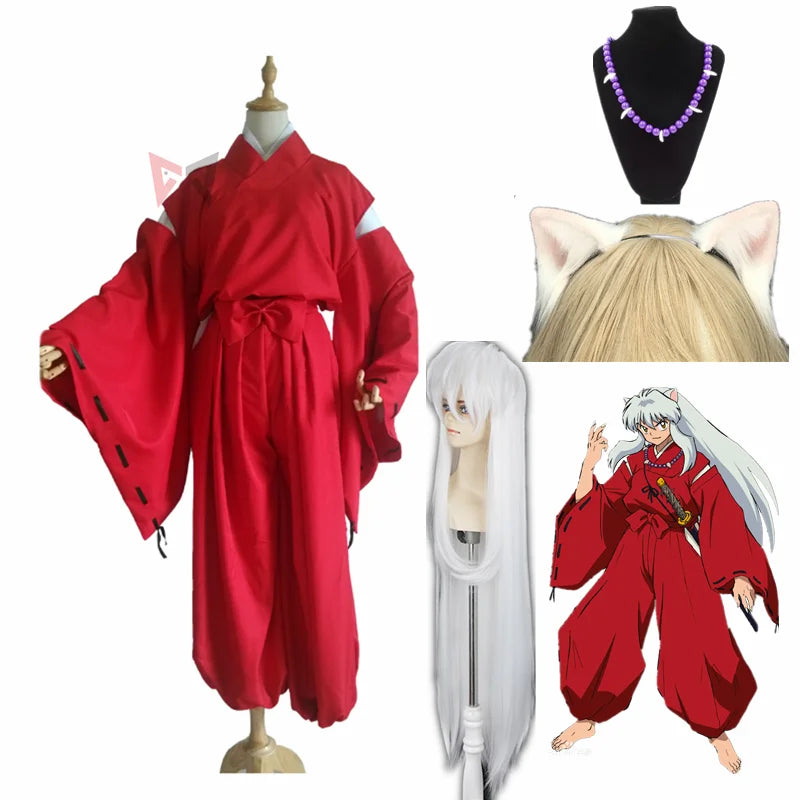 Anime Inuyasha Cosplay Costume Carnival Halloween Arthur Curry Fancy Red Kimono Ears Headwear Wig Necklace Custom Made