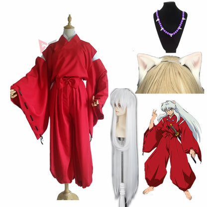 Anime Inuyasha Cosplay Costume Carnival Halloween Arthur Curry Fancy Red Kimono Ears Headwear Wig Necklace Custom Made