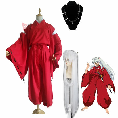 Anime Inuyasha Cosplay Costume Carnival Halloween Arthur Curry Fancy Red Kimono Ears Headwear Wig Necklace Custom Made