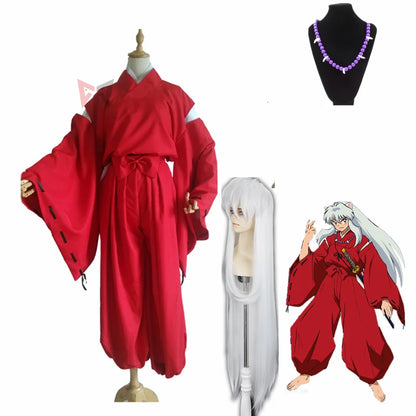 Anime Inuyasha Cosplay Costume Carnival Halloween Arthur Curry Fancy Red Kimono Ears Headwear Wig Necklace Custom Made