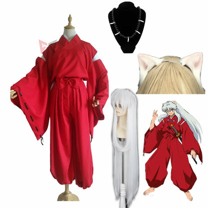 Anime Inuyasha Cosplay Costume Carnival Halloween Arthur Curry Fancy Red Kimono Ears Headwear Wig Necklace Custom Made