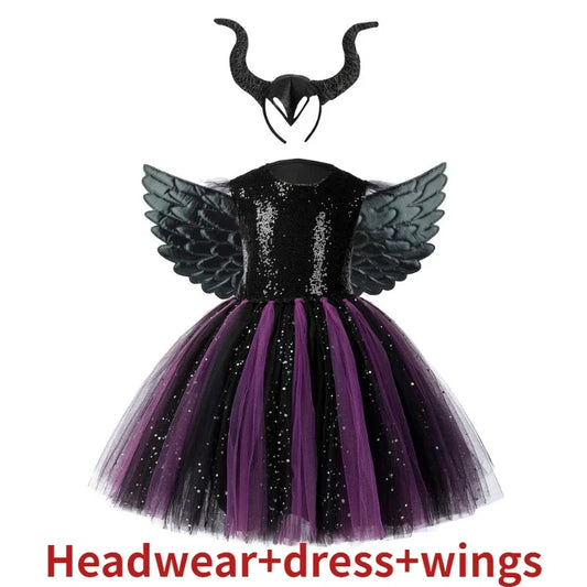 New Children's Day Girls Tutu Dress with Horns Wings Sparkly Girl Fancy Dress Devil Dark Witch Cosplay Kids Halloween Costumes