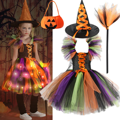 New Halloween Carnival Party Girls Witch Costume Luminous LED Lights Tulle Tutu Dress Masquerade Vampire Devil Winifred Dress Up