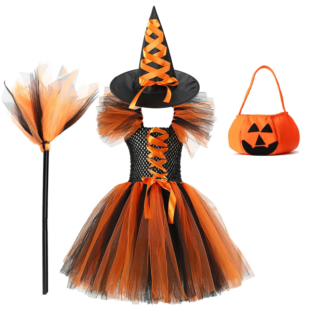 New Halloween Carnival Party Girls Witch Costume Luminous LED Lights Tulle Tutu Dress Masquerade Vampire Devil Winifred Dress Up