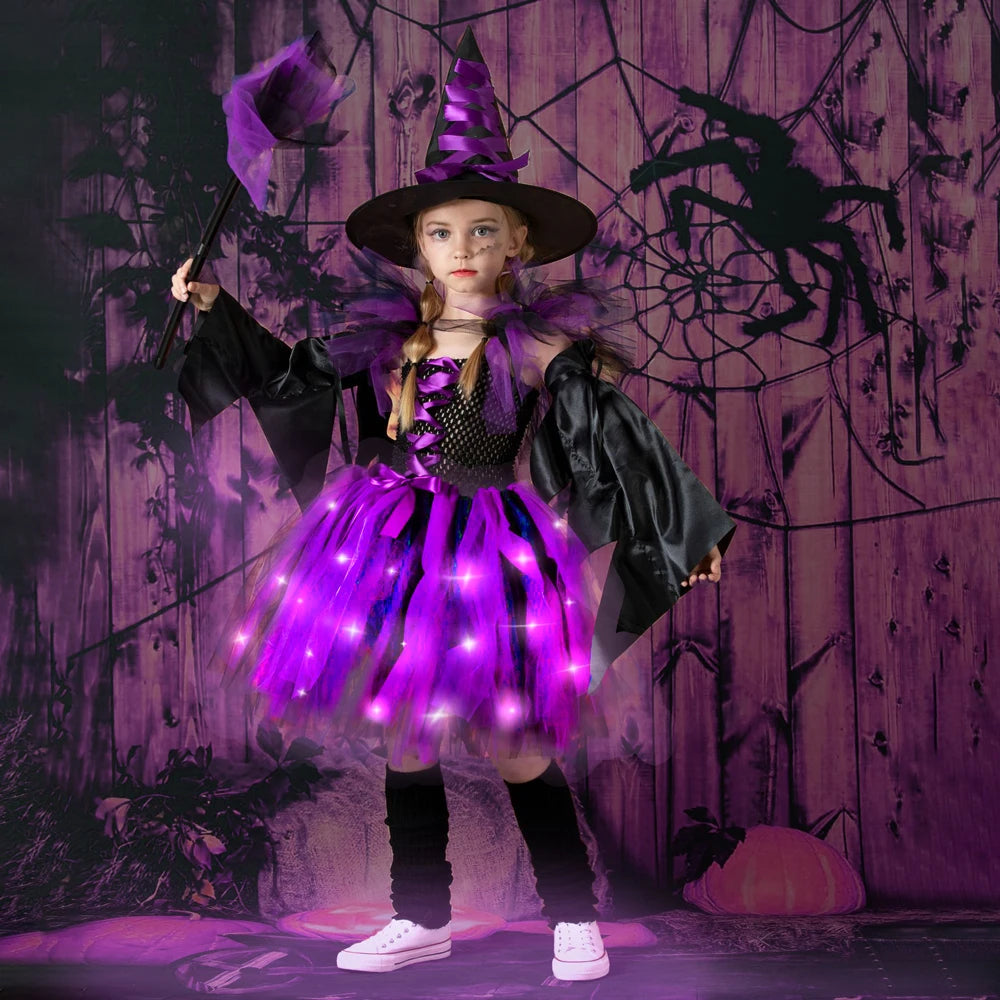 New Halloween Carnival Party Girls Witch Costume Luminous LED Lights Tulle Tutu Dress Masquerade Vampire Devil Winifred Dress Up