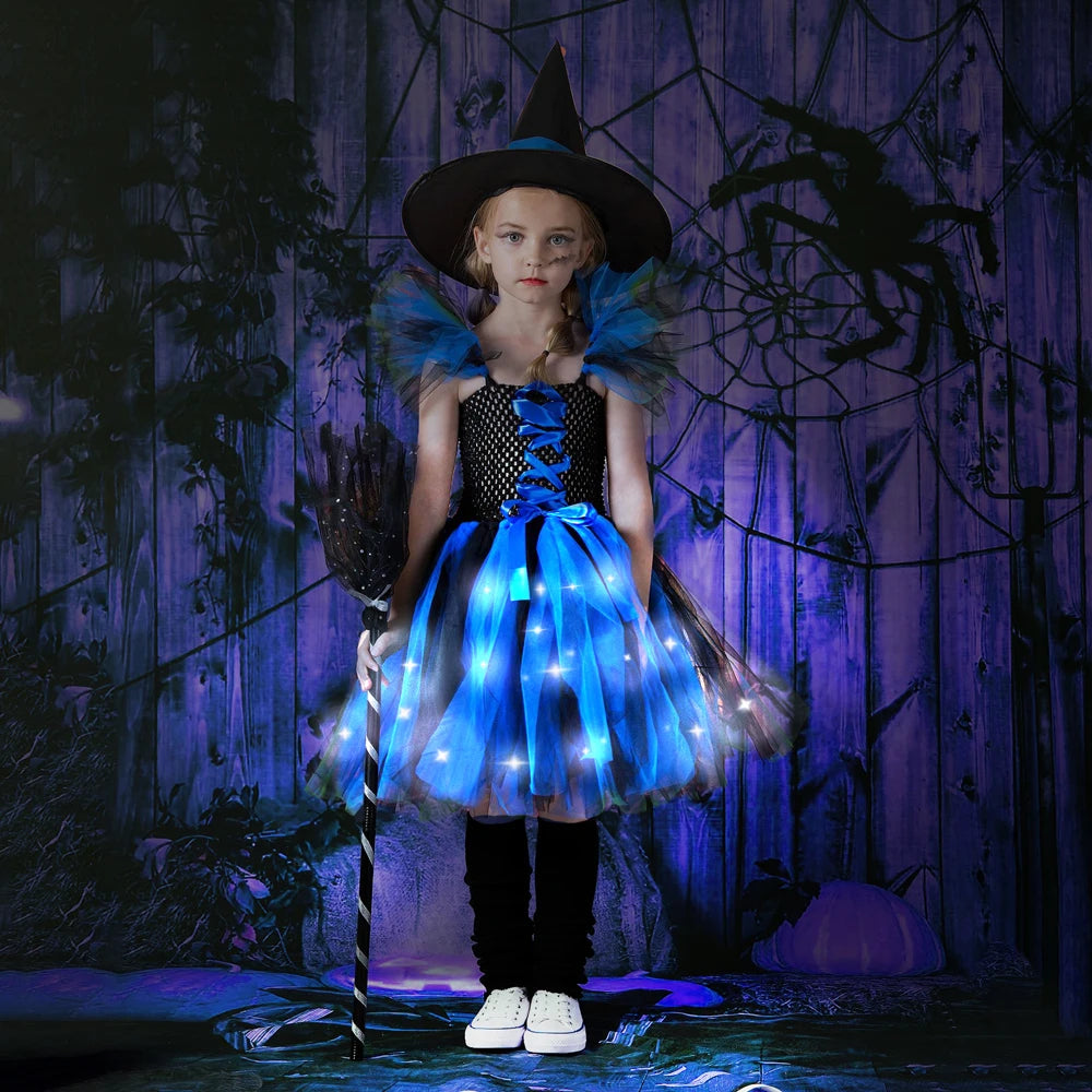 New Halloween Carnival Party Girls Witch Costume Luminous LED Lights Tulle Tutu Dress Masquerade Vampire Devil Winifred Dress Up