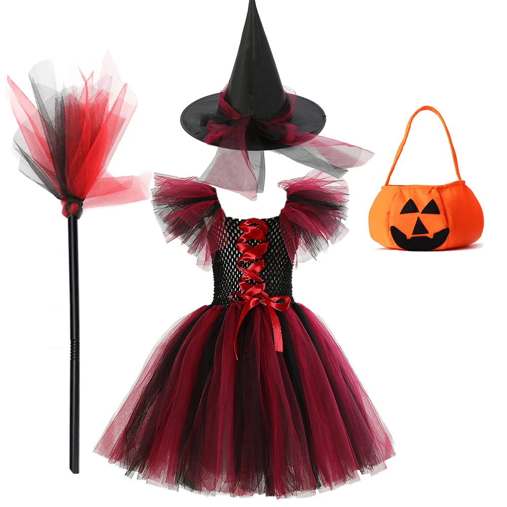 New Halloween Carnival Party Girls Witch Costume Luminous LED Lights Tulle Tutu Dress Masquerade Vampire Devil Winifred Dress Up