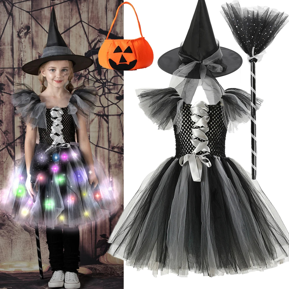 New Halloween Carnival Party Girls Witch Costume Luminous LED Lights Tulle Tutu Dress Masquerade Vampire Devil Winifred Dress Up