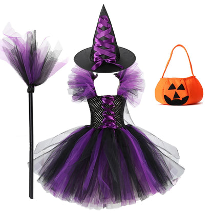 New Halloween Carnival Party Girls Witch Costume Luminous LED Lights Tulle Tutu Dress Masquerade Vampire Devil Winifred Dress Up