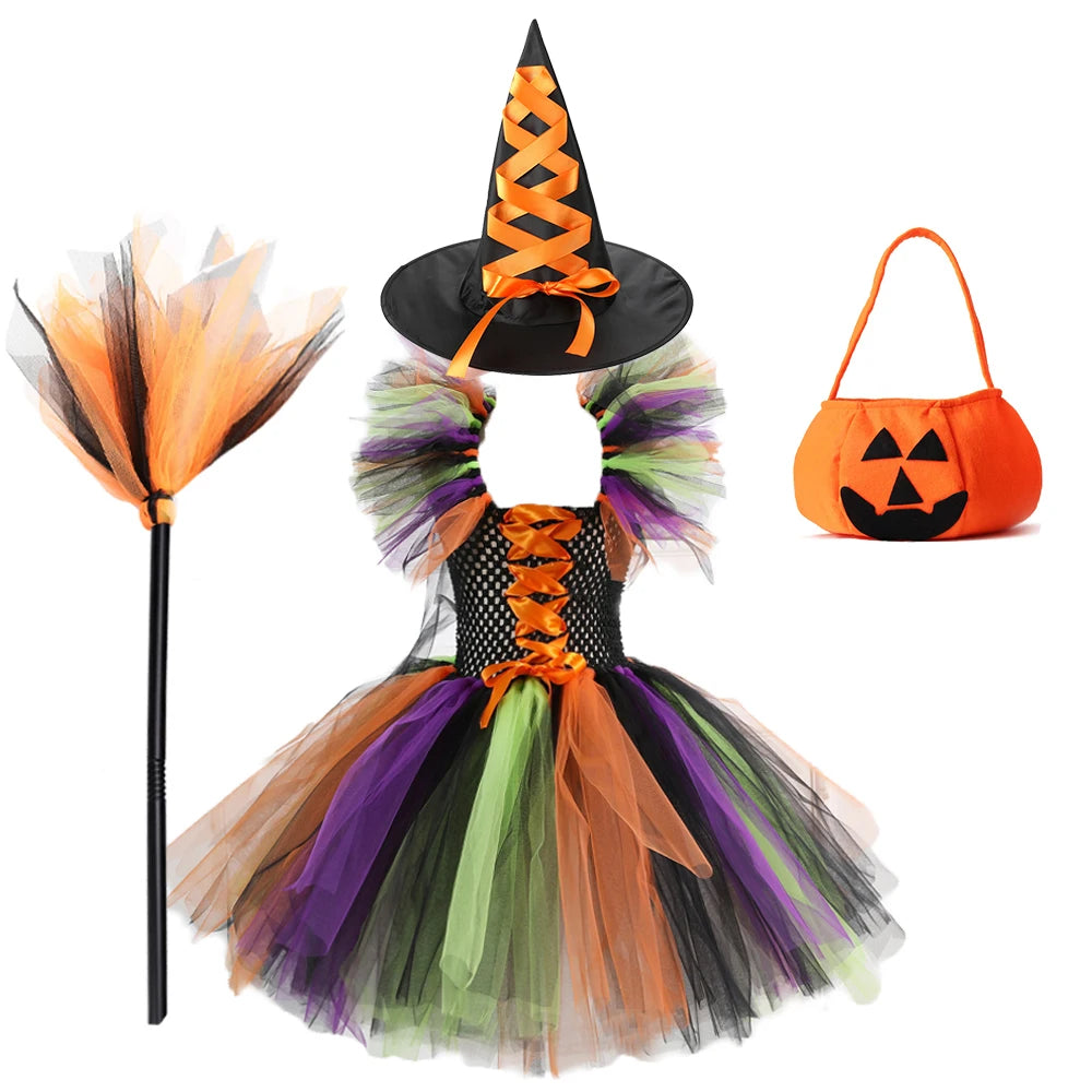 New Halloween Carnival Party Girls Witch Costume Luminous LED Lights Tulle Tutu Dress Masquerade Vampire Devil Winifred Dress Up