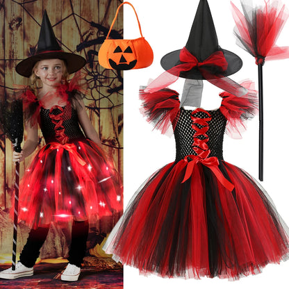 New Halloween Carnival Party Girls Witch Costume Luminous LED Lights Tulle Tutu Dress Masquerade Vampire Devil Winifred Dress Up