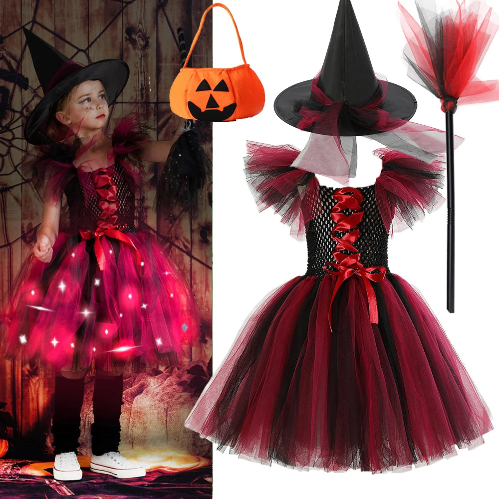 New Halloween Carnival Party Girls Witch Costume Luminous LED Lights Tulle Tutu Dress Masquerade Vampire Devil Winifred Dress Up