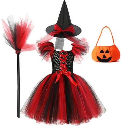 New Halloween Carnival Party Girls Witch Costume Luminous LED Lights Tulle Tutu Dress Masquerade Vampire Devil Winifred Dress Up