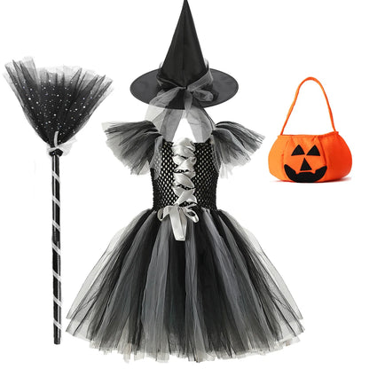 New Halloween Carnival Party Girls Witch Costume Luminous LED Lights Tulle Tutu Dress Masquerade Vampire Devil Winifred Dress Up