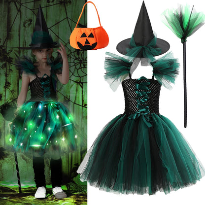 New Halloween Carnival Party Girls Witch Costume Luminous LED Lights Tulle Tutu Dress Masquerade Vampire Devil Winifred Dress Up