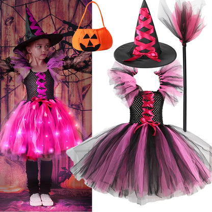 New Halloween Carnival Party Girls Witch Costume Luminous LED Lights Tulle Tutu Dress Masquerade Vampire Devil Winifred Dress Up