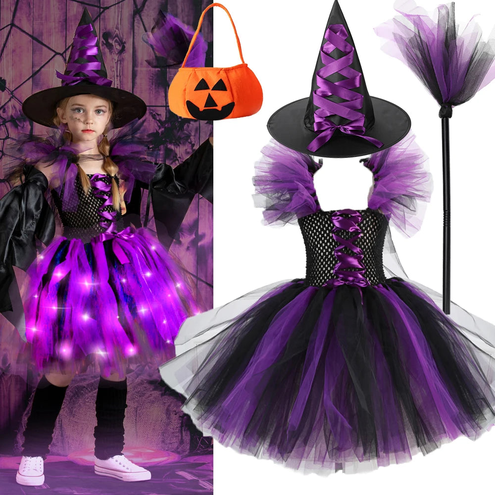 New Halloween Carnival Party Girls Witch Costume Luminous LED Lights Tulle Tutu Dress Masquerade Vampire Devil Winifred Dress Up