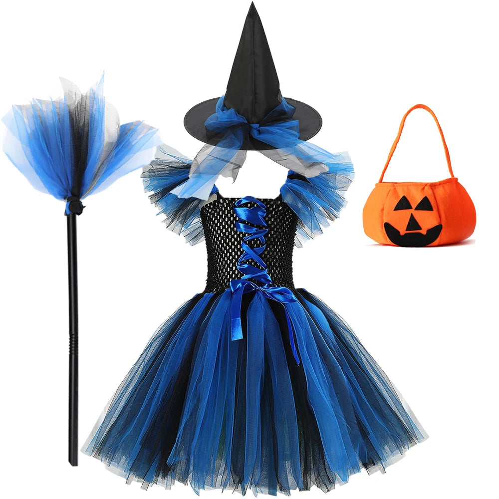 New Halloween Carnival Party Girls Witch Costume Luminous LED Lights Tulle Tutu Dress Masquerade Vampire Devil Winifred Dress Up