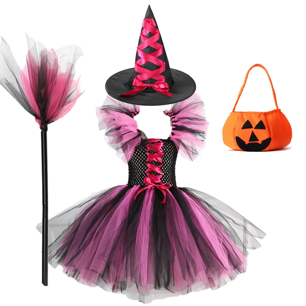 New Halloween Carnival Party Girls Witch Costume Luminous LED Lights Tulle Tutu Dress Masquerade Vampire Devil Winifred Dress Up