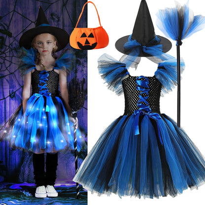 New Halloween Carnival Party Girls Witch Costume Luminous LED Lights Tulle Tutu Dress Masquerade Vampire Devil Winifred Dress Up