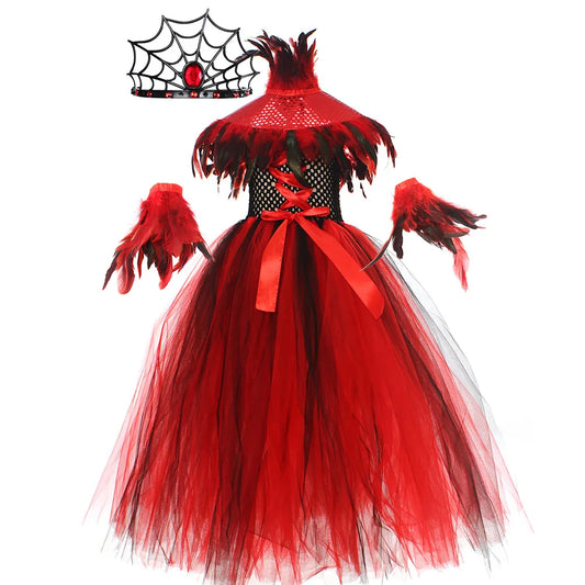 New Halloween Costume Girl Demon Witch Dress Red Mesh Elegant Gown Vampire Cosplay Children Carnival Party Vestido Spider Queen