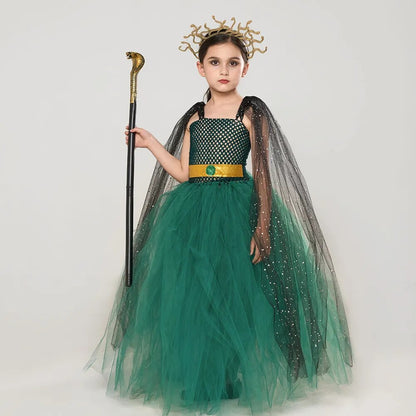 Halloween Girls Cosplay Costume Carnival Party Ancient Greek Snake-haired Banshee Cos Costume Dark Green Mesh Dress