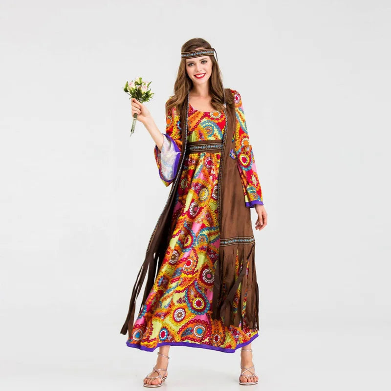 New Halloween Women's Hippie Cosplay Costume Adult 70'S Retro Disco Long Sleeve Printed Dress Vest Purim Party Role Play Suit