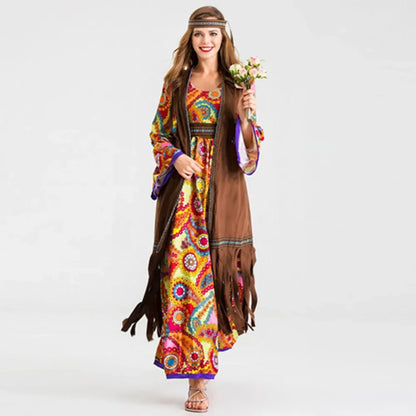 New Halloween Women's Hippie Cosplay Costume Adult 70'S Retro Disco Long Sleeve Printed Dress Vest Purim Party Role Play Suit