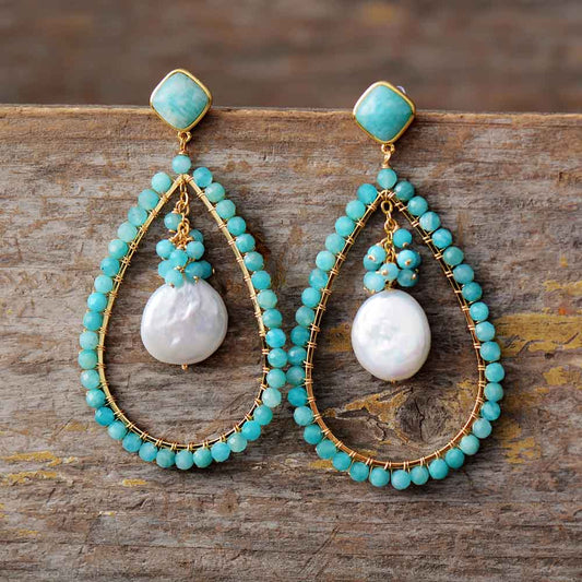 Hyperbole Teardrop Earrings Bold Fashion Amazonite Stones Pearl Stud Earring Teengirls TOP Jewelry Bijoux