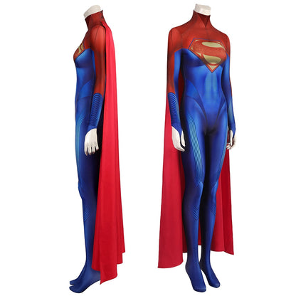 Movie Super Girl Jumpsuit Cosplay Costume Halloween Masquerade Party Bodysuit With Red Cloak