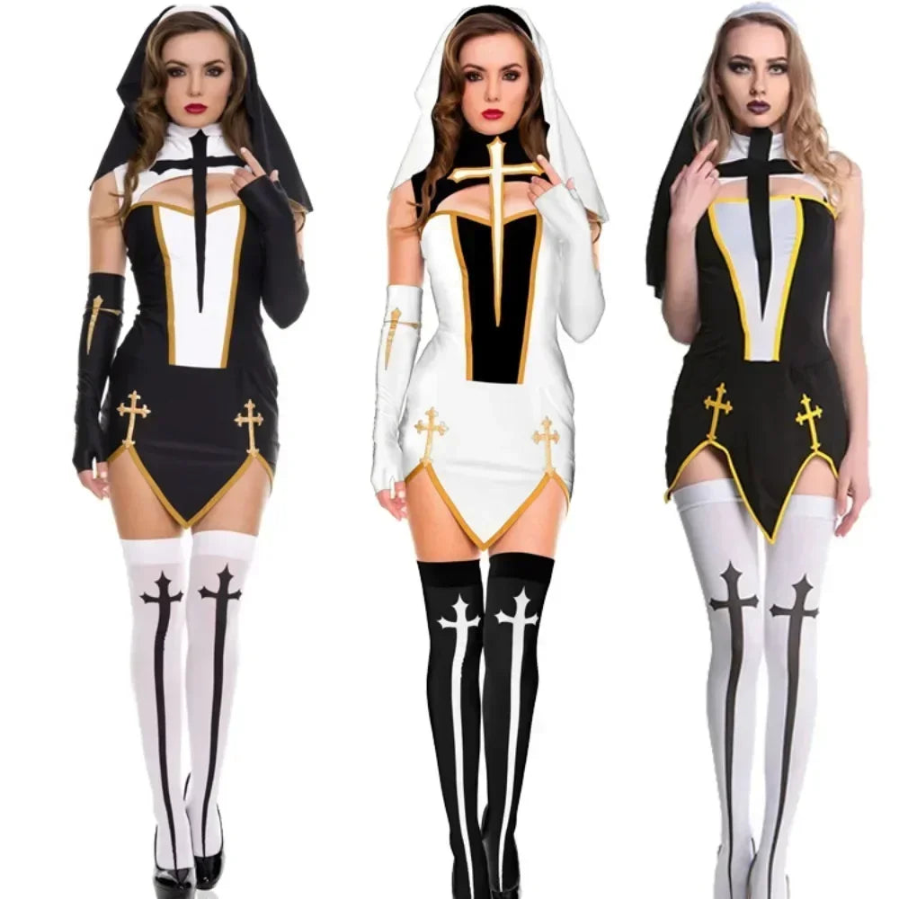 New Nun Dress Jumpsuits Gloves Stocking Women Cos Performance Costume Game Uniform Dress