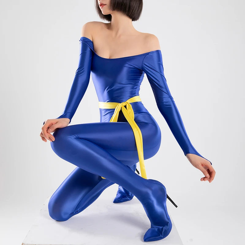 New Satin Shiny Gloosy Women Full Bodysuit Silky Body Suits Long Sleeve Through Finger Pierced Shoes Sexy Tight Rompers Cosplay