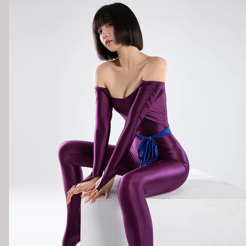 New Satin Shiny Gloosy Women Full Bodysuit Silky Body Suits Long Sleeve Through Finger Pierced Shoes Sexy Tight Rompers Cosplay