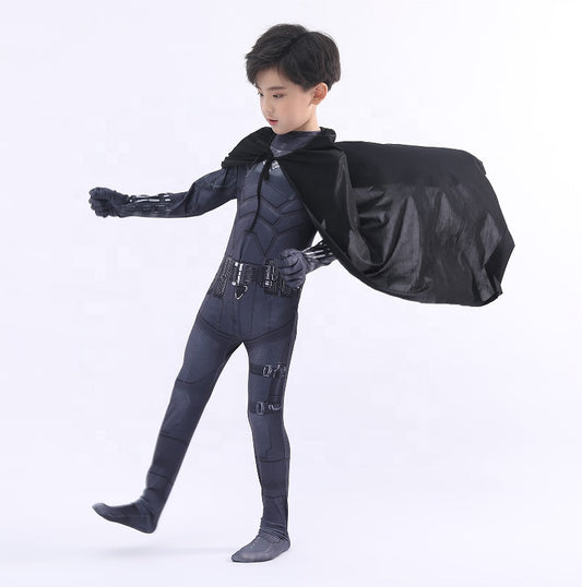 Black Bodysuit Halloween Kids Superhero Costumes Cosplay Movie Costume Pattinson the Bat Man with Cape