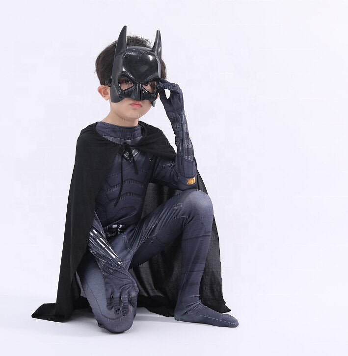 Black Bodysuit Halloween Kids Superhero Costumes Cosplay Movie Costume Pattinson the Bat Man with Cape