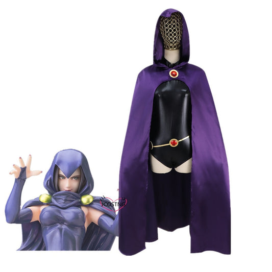 Teen Titans Super Hero Raven Cosplay Costume Women Black Bodysuit Purple Hooded Cloak Jumpsuits Halloween Party Costume