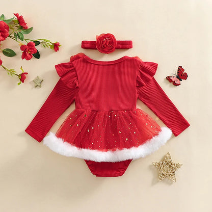 Newborn Baby Girl Christmas Outfit Long Sleeve Ruffle Romper Jumpsuit with Headband Cute Infant Girl Clothes