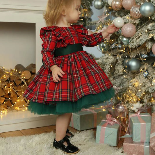 Newborn Christmas Dress Baby Girls Plaid Fly Sleeve Round Neck Party Princess Dresses Xmas Children Girls Clothes