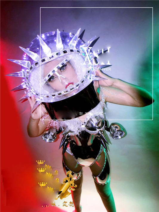 Nightclub Women's GOGO Space Silver Metal Costume Dance Team Outer Space LED Costumes