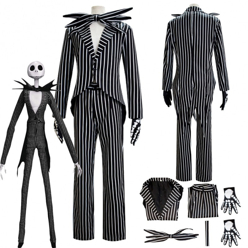 Nightmare Jack Cos Skellington Cosplay Costume Coat Pants Outfit Halloween Carnival Party Disguise Suit For Men Male Adult