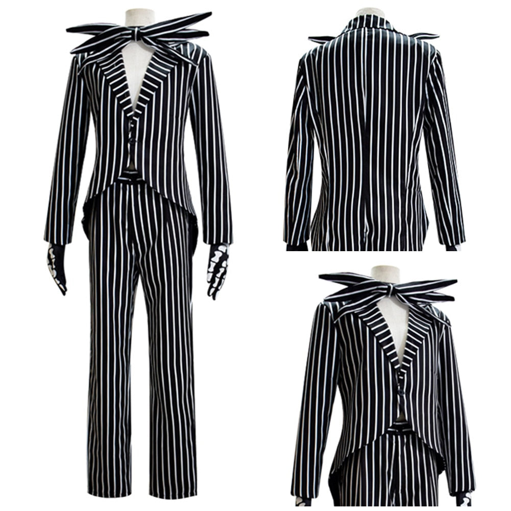Nightmare Jack Cos Skellington Cosplay Costume Coat Pants Outfit Halloween Carnival Party Disguise Suit For Men Male Adult