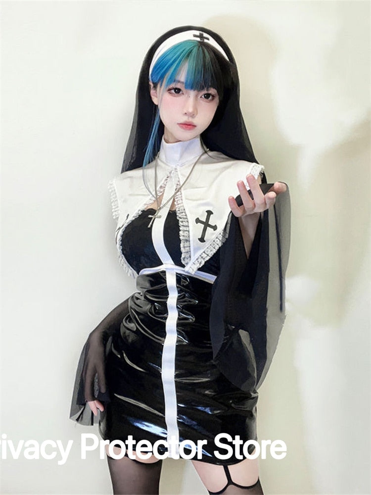 Nun Cosplay Costume Women Dress Set Halloween Party Role Play Outfit Adult Sisters Dress Black Cosplay Dress Up Plus