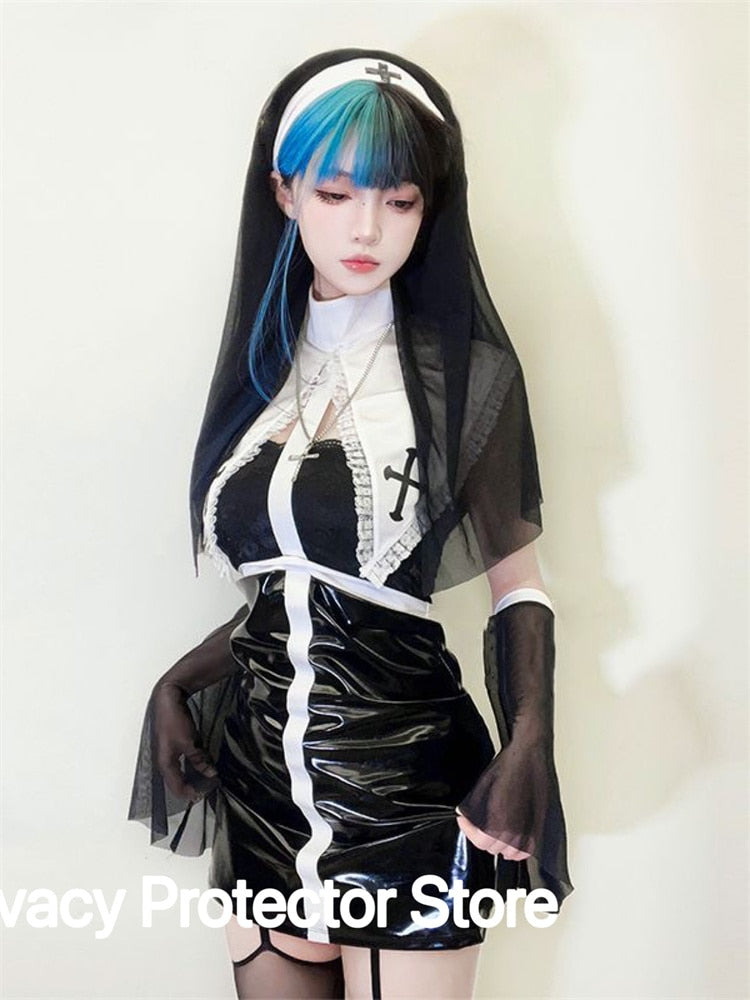 Nun Cosplay Costume Women Dress Set Halloween Party Role Play Outfit Adult Sisters Dress Black Cosplay Dress Up Plus