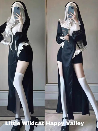 Nun Cosplay Costume Women Dress Set Halloween Party Role Play Outfit Adult Sisters Dress Black Cosplay Dress Up Plus