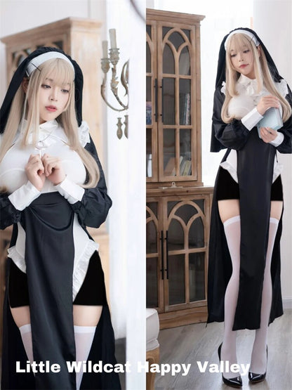 Nun Cosplay Costume Women Dress Set Halloween Party Role Play Outfit Adult Sisters Dress Black Cosplay Dress Up Plus