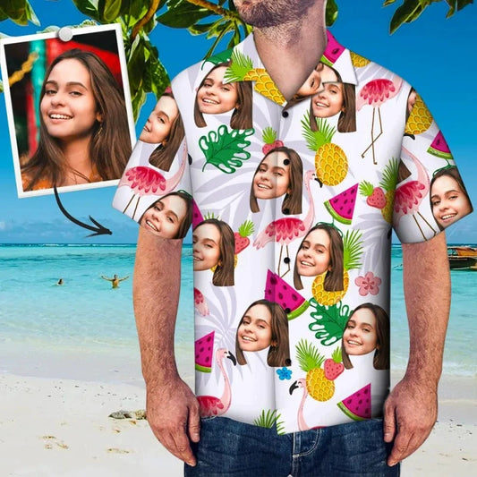 Custom Face Photo Shirt Flamingo and Fruit Hawaiian Shirt img 1