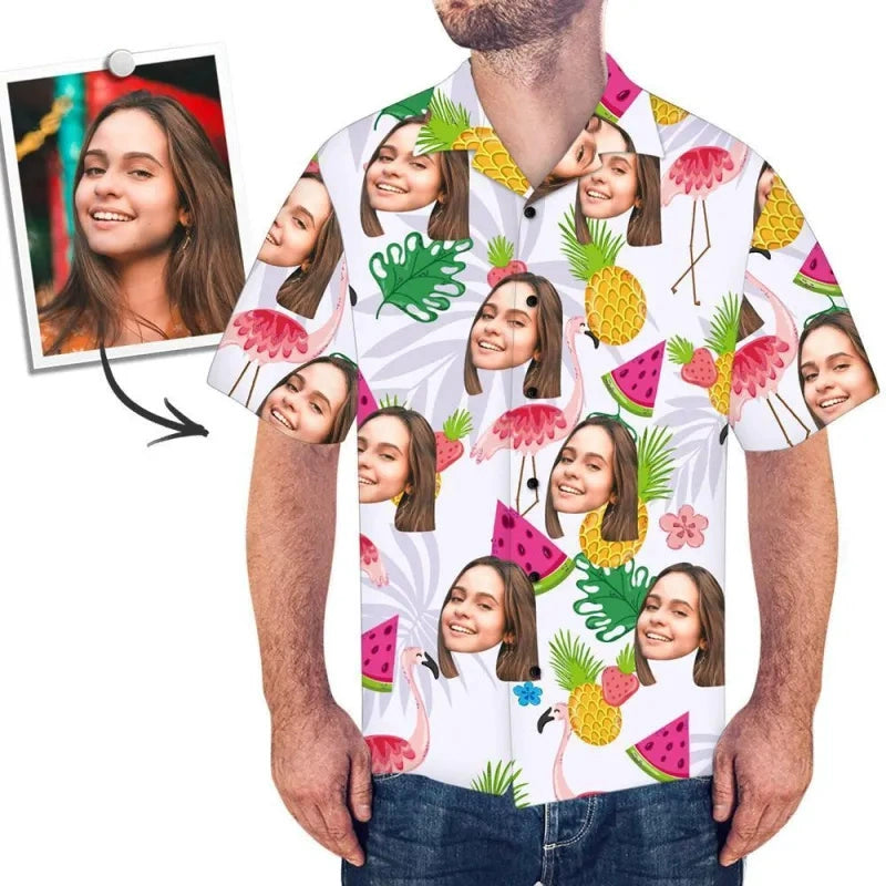 Custom Face Photo Shirt Flamingo and Fruit Hawaiian Shirt img 2