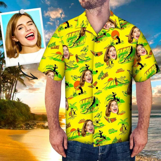 Custom Face Photo Hawaiian Shirt Surfing Yellow Beach Shirt img 1